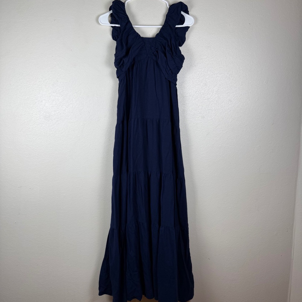 Jason Wu Womens Navy Blue Tiered Maxi Dress Ruffle Smocked‎ Rayon Linen L